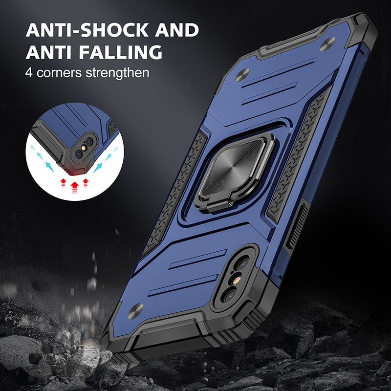 coque armure bleue protection maximale avec anneau de soutien pour iPhone X/XS