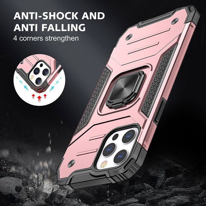 coque armure rose protection maximale avec anneau de soutien pour iPhone 11