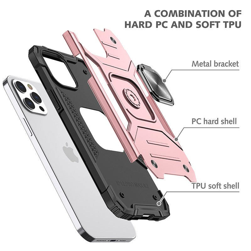 coque armure rose protection maximale avec anneau de soutien pour iPhone 11