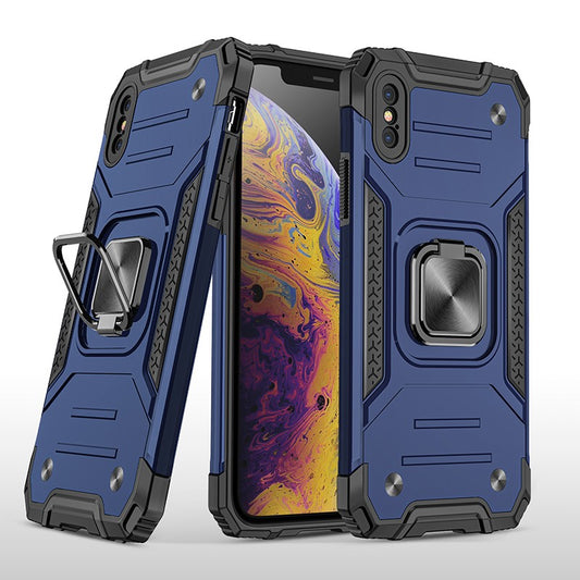 coque armure bleue protection maximale avec anneau de soutien pour iPhone X/XS